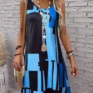 NWOT Baby Blue and Black Geometric Pattern Sleeveless A-Line Shift Dress - L
